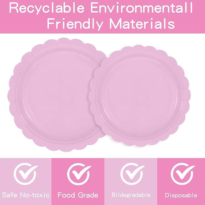 140 Pcs Pink Paper Plates and Napkins, Light Pink Party Supplies Include Scalloped Plates Napkins Cups Plastic Spoons Forks Knives for Baby Bridal Shower, Wedding, Birthday
