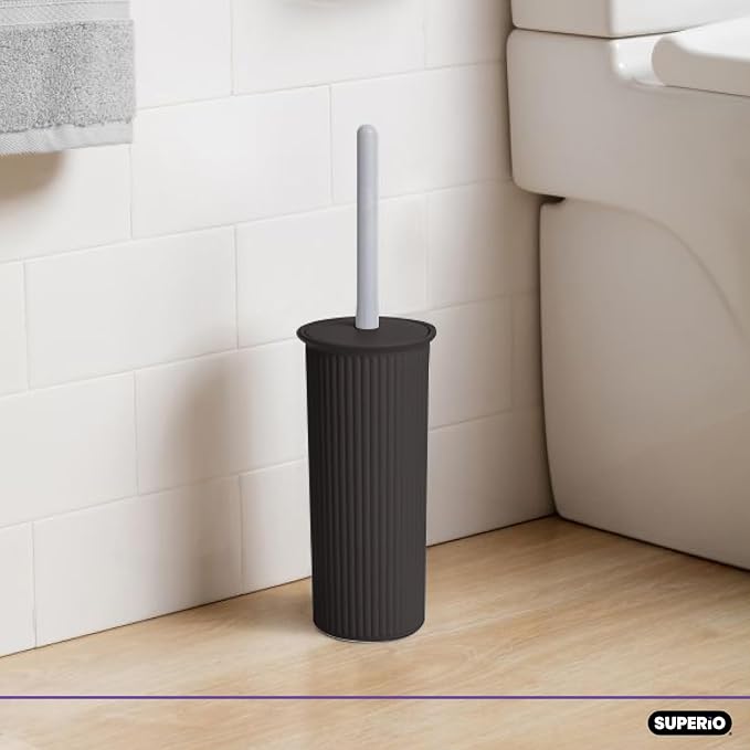 Decorative Plastic Toilet Bowl Brush and Holder Set, Brown (1 Pack) Cleaner Scrubber for Bathroom - Ribbed Design