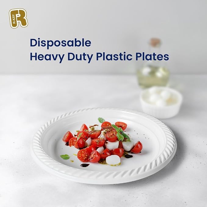 R-kay 100 Pack 9 Inch Plastic Plates Disposable - Heavy Duty 9 Inch White Disposable Plates - Microwavable Disposable Plastic Plates