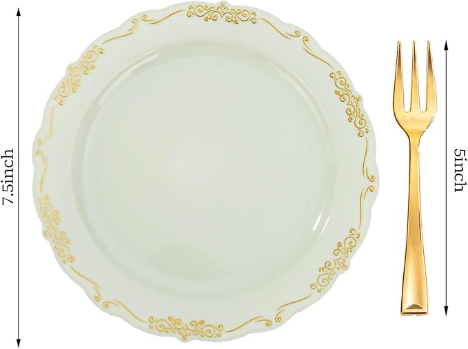 LIYH 100 Pcs Light Green Gold Plastic Dessert Plates with 100 Pcs Gold Dessert Plates, Disposable Sage Green Salad Plates, Includes: 100 Appetizer Plate 7.5" & 100 Golden Cake Forks 5"