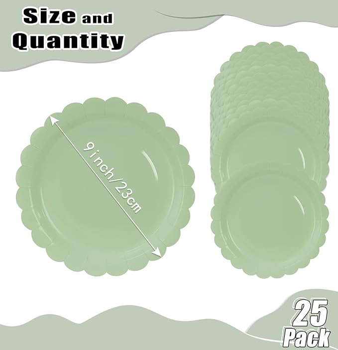 HEIPINIUYE 25 Pieces Sage Green Paper Plates 9 Inch Sage Scalloped Plates Disposable Dinner Plate for Wedding Baby Shower Birthday Party Dessert Plate