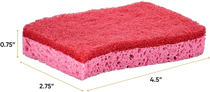 Non-Scratch Cellulose Sponge Kitchen Scrub Sponge with Scouring Pad Set, Good for Non-Stick Cookware Frying Pan, Pot, Counter Top, Sink Scrubbing, Kitchen Scrubbers, Pack of 1, Red/Pink