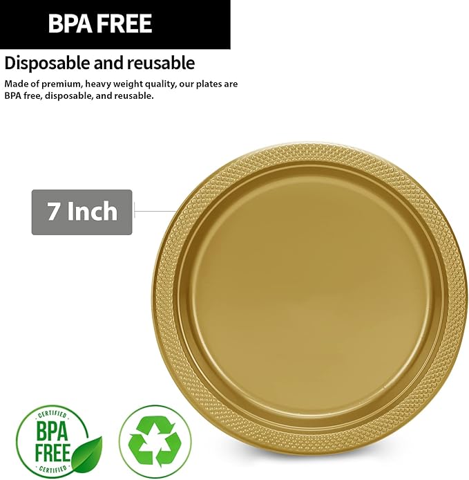 Hanna K. Signature Gold Plastic Plates 7 Inch - 600 Count - Plastic Solid Round Party Plates for Weddings, BBQs, Birthday Plates - Disposable Gold Plates - Plastic Dessert Plates
