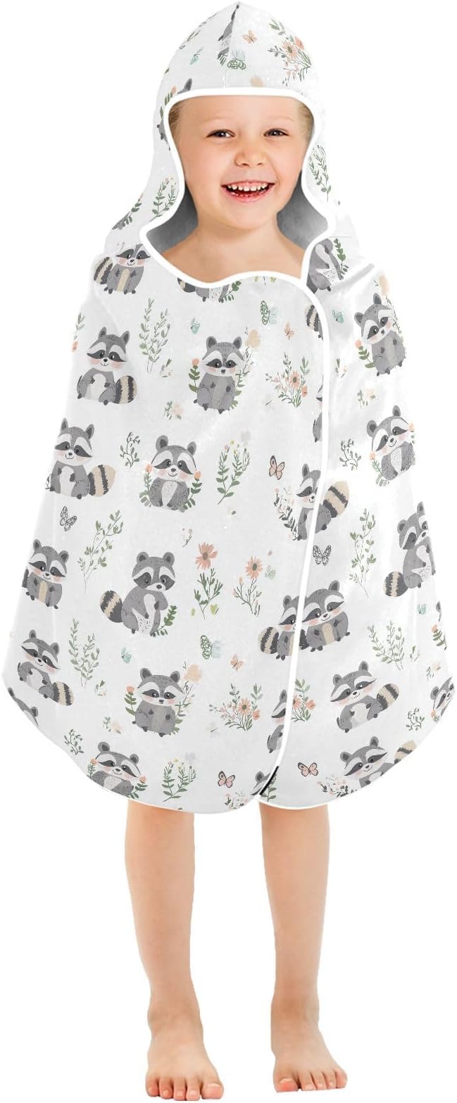 Kid Beach Towel Cute Raccoon White Hooded Towels for Kids Quick Dry Toddler Bath Towel