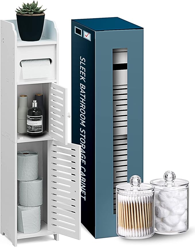 Bathroom Storage Organizer - Floor Standing with Shelves - Includes 2 Apothecary Jars - Tall Bathroom Storage Cabinet for Toilet Paper, Towel & Other Bathroom Storage Accessories - White