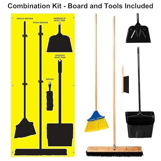 Clean & Sweep 5S Shadow Board/Wall Mount Broom Holder, 68" x 30" Board, 5S Cleaning Station - with Broom and Dustpan Set Included, Made in The USA by AccuformNMC, Yellow/Black, PSB116YLBK