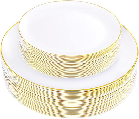 KIRE 60PCS Gold Plastic Plates - Heavy Duty White Disposable Plates with Gold Rim - Include 30Pieces 10.25inch Dinner Plate and 30Pcs 7.5inch Dessert Plate for Wedding/Spring/Graduation/Party