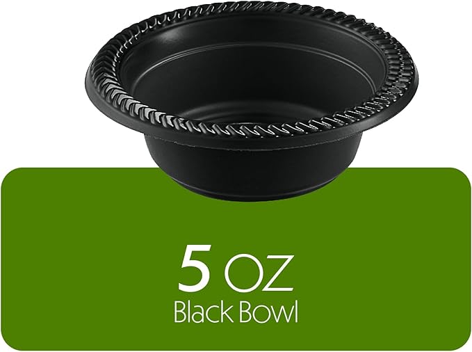 PLASTICPRO 200 PCS Black Plastic Bowls Light Weight 5 oz Small Plastic Soup Bowls Black Salad Dessert Plates Disposable for Party and Wedding
