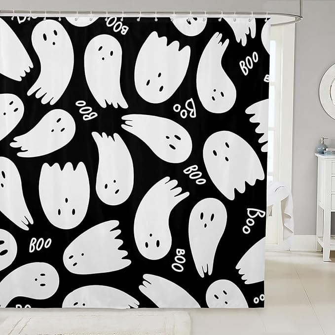 Black White Fabric Shower Curtain,Kids Cartoon Style Shower Curtain for Bathroom,Cartoon Halloween Ghost Waterproof Shower Curtain 78 Inch Long