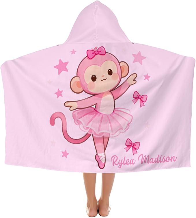 Ballet Dancer Pink Monkey Personalized Hooded Towel Absorbent Wrap Soft Pool Beach Bath Towels Hood Poncho for 5-12 Years Kids Boys Girls