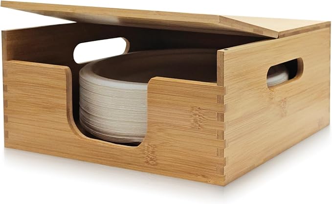 EBIGIC Bamboo Paper Plate Storage,Paper Plate Holders and Dispenser,fit for Kitchen Wall, Countertop and Under Cabinet 8-10in Plates