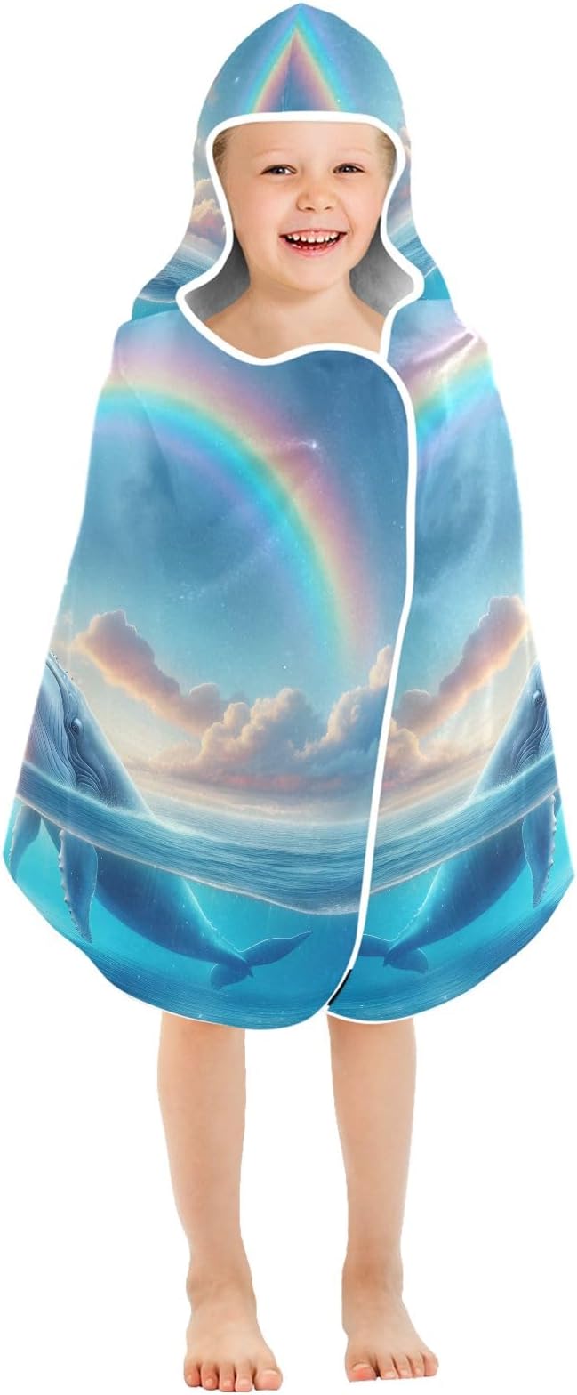 Hooded Towel for Kids Whale Under Rainbow Beach Wrap Bath Towels 50x23.5in