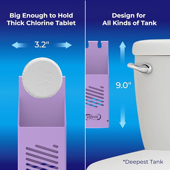 Toilet Tank Tablet Holder with 6 Blue Toilet Bowl Tablets, 8.97 x 3.22 x 2.25 Inch Tablet Holder - Prevents Flapper Jams & Residue, Extends Life of Drop-In Cleaner Tablets