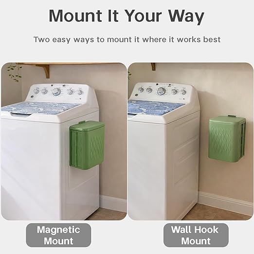 Magnetic Lint Bin for Laundry Room, Extra Large Foldable Lint Trash Can with Lid and Dryer Lint Brush, Wall Mounted Laundry Room Organization and Storage, Green