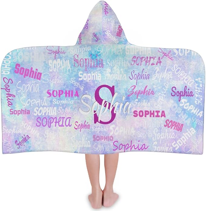 Personalized Hooded Bath Towels with Name, Custom Beach Towels for Kids Cotton Soft Swim Towels Camping Towels Toddler Beach Towels, Light Blue Galaxy Watercolor