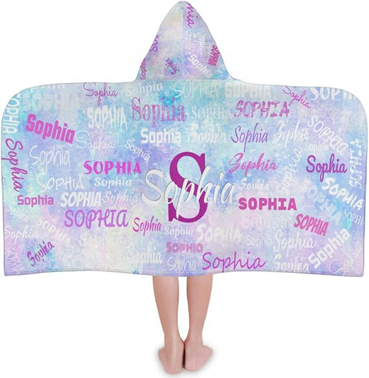 Personalized Hooded Bath Towels with Name, Custom Beach Towels for Kids Cotton Soft Swim Towels Camping Towels Toddler Beach Towels, Light Blue Galaxy Watercolor