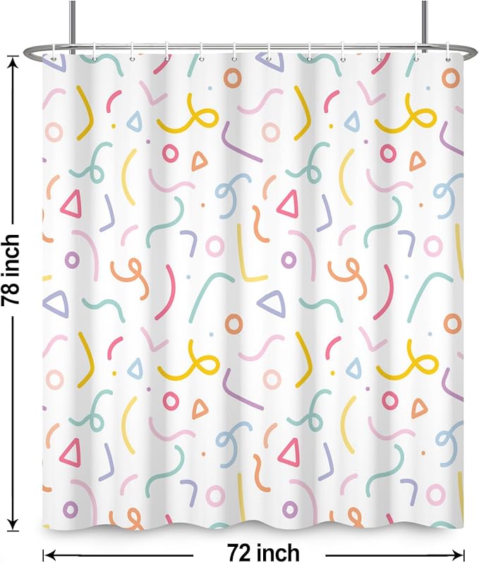 Cute Colorful Doodle Shower Curtains Playful Confetti Shower Curtain Decorative for Bathroom Pastel Waterproof Fabric Bathroom Decorations with Hooks 72x78 Inches