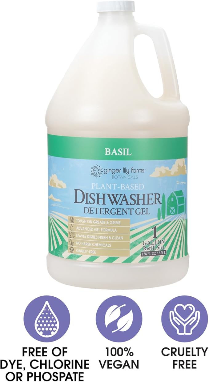 Ginger Lily Farms Botanicals Plant-Based Dishwasher Detergent Gel, 100% Vegan & Cruelty-Free, Basil Scent, 1 Gallon (128 Fl Oz) Refill