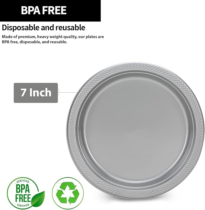 Hanna K. Signature Silver Solid Color Premium Heavy Weight Plastic Appetizer Plate (7") 50 Count - Elegant & Durable, Perfect for Parties, Weddings & Everyday Use