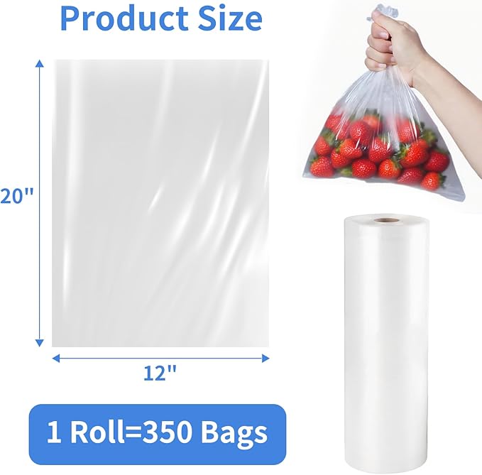 Food Storage Bags, 2 Rolls 12x20 Clear Plastic Produce Bags Roll for Food Storage, Bread, Vegetables, Fruit, and More, 350 Bags/Roll