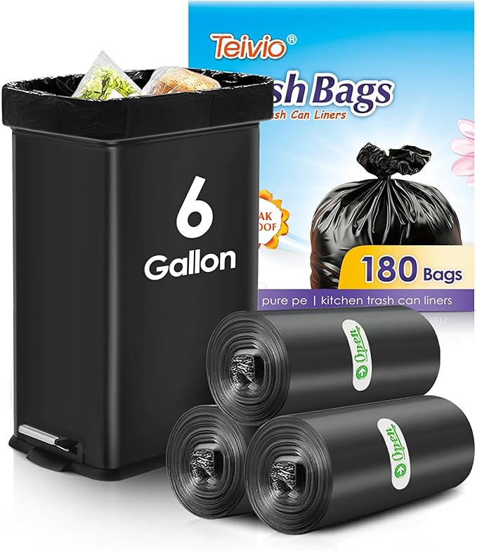 Teivio 6 Gallon 180 Counts Medium Black Garbage Bags Trash Bags, Waste Basket Liner, Bathroom Trash Can Bin Liners, Plastic Bags for home office kitchen, Black