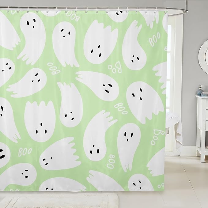 Castle Fairy White Green Watercolor Hand Draw Print Waterproof Shower Curtains,Halloween Shower Curtain,Cartoon Ghost Modern Bathroom Accessories,Machine Washable,72" X 78"