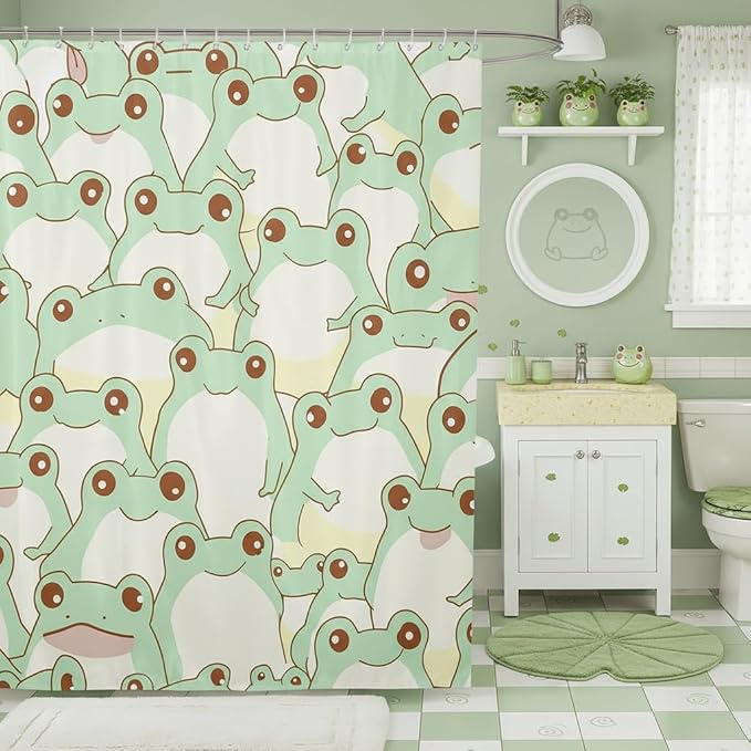 Homewish Cute Frog Shower Curtain Green Frog Bathroom Shower Curtain Set for Kids Adult Kawaii Animals Bath Curtain Cartoon Waterproof Curtains Room Decor 72 x 72 Inch