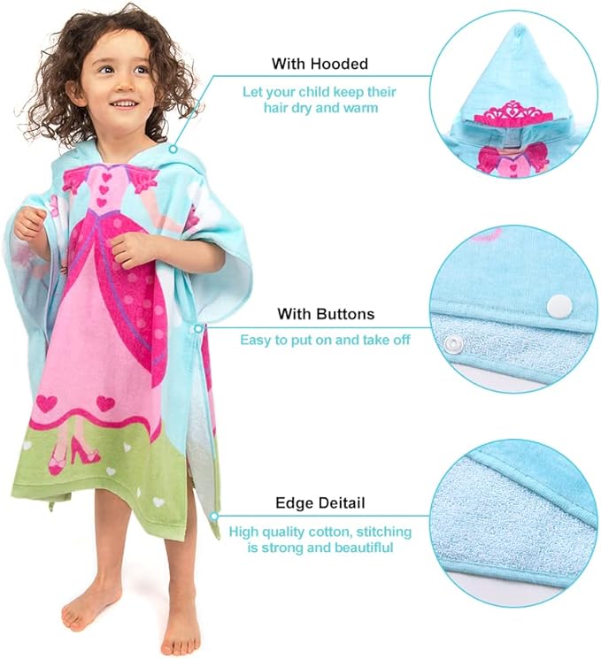 Florica Hooded Bath Towels for Girls Kids Toddlers Children 2 to 6 Years Old Cotton Ultra Soft Absorbent Poncho Beach Towel for Pool Swim Pink Large Size 24"x 47" in Full-Length (Lovely Princess