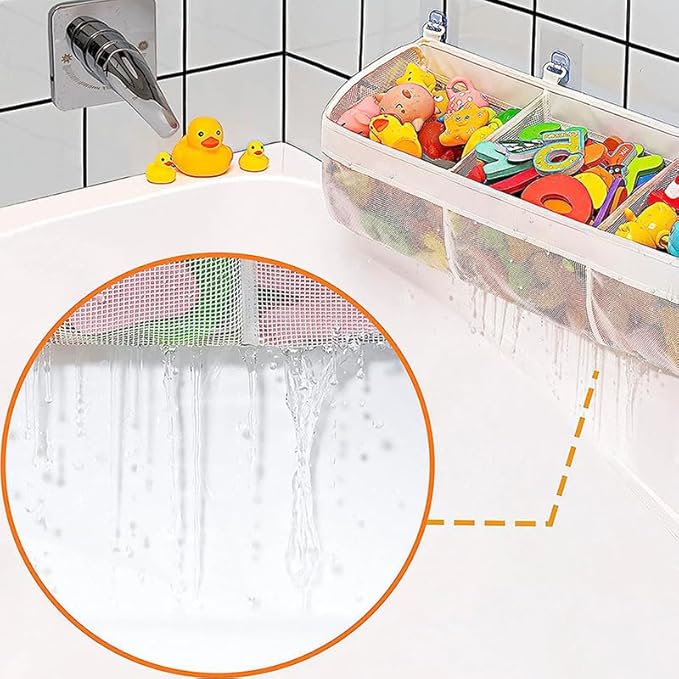 Bath Toy Storage Organizer for Tub – 3 Compartment Bath Toy Organizer, Large Quick-Drying Mesh Bath Toy Holder, Bathroom Toy Storage for Kids, Toddler & Baby Bathtub Toy Organizer with Strong Hooks