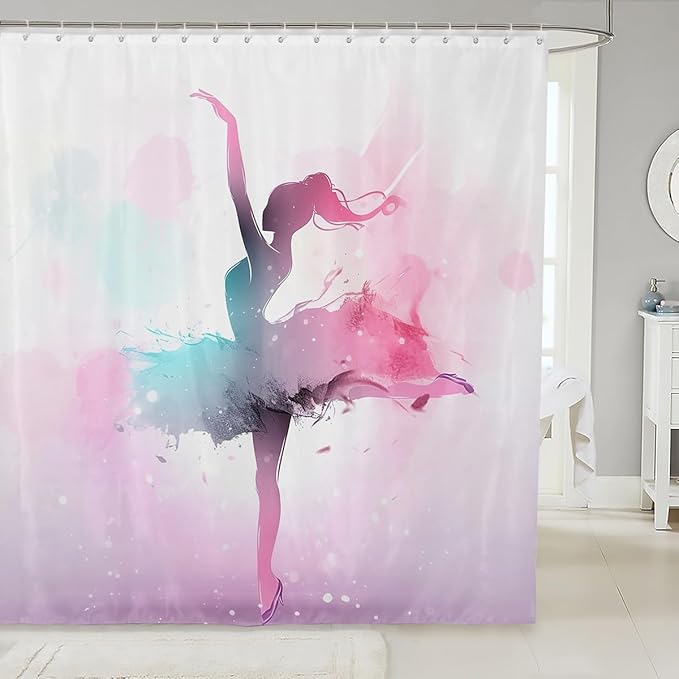 Homewish Ballerina Girl Shower Curtain Blue Pink Watercolor Bathroom Shower Curtain Set for Kids Adult Dance Art Bath Curtain Watercolor Waterproof Curtains Room Decor 72 x 72 Inch