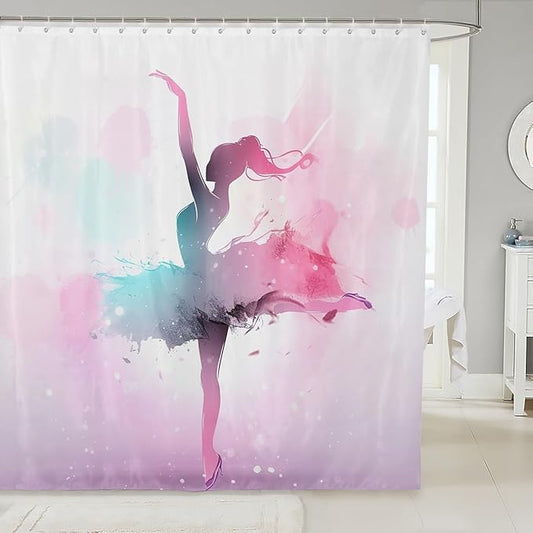 Homewish Ballerina Girl Shower Curtain Blue Pink Watercolor Bathroom Shower Curtain Set for Kids Adult Dance Art Bath Curtain Watercolor Waterproof Curtains Room Decor 72 x 72 Inch
