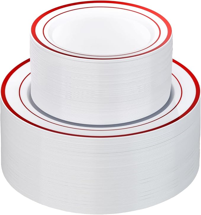 Goodluck 200 Pack Red Rim Plastic Plates - 100 Dinner Plates (10.25") & 100 Dessert Plates (7.5") - Heavy Duty Disposable White Plates with Elegant Red Trim - Premium Dinnerware Set for Wedding