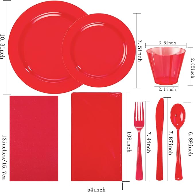 Gather 176 Pieces Red Plastic Plates- Red Heavy Duty Disposable Plates Dinnerware 50Plates, 75 Plastic Silverware, 25 Napkins, 25 Cups Bonus 1 Red Plastic Tablecloth for Party& Wedding &Mother's Day