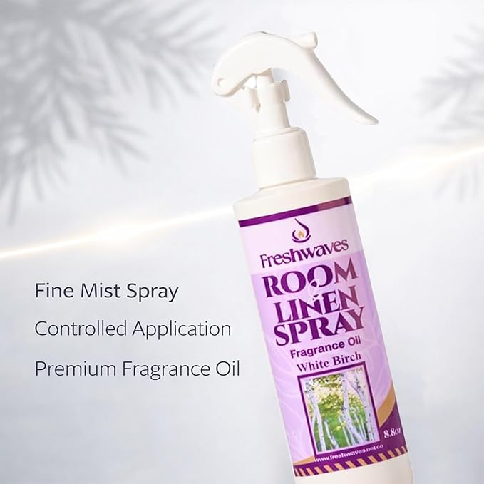 Freshwaves Room & Linen Spray | White Birch Fragrance Oil | 8.8oz Air Freshener | Odor Eliminator for Living Room, Bedroom, Bathroom & Office | White & Purple Bottle