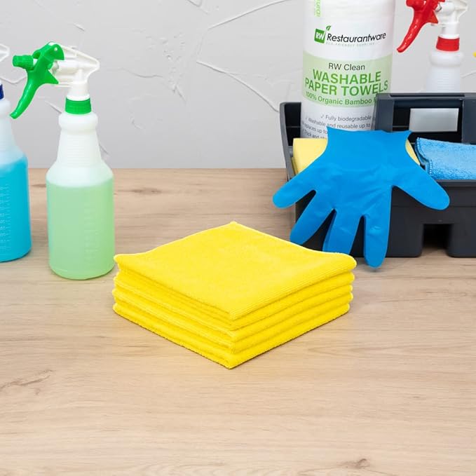 Restaurantware Clean Tek Professional 16 x 16 Inch Cleaning Cloths 100 Lint Free Microfiber Towels - Highly Absorbent Non Abrasive Yellow Microfiber Cleaning Rags Reusable For All Purpose Use