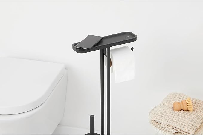 Brabantia Mindset Toilet Butler | Mineral Infinite Gray | Freestanding All-in-One Bathroom Accessory Set | Toilet Paper Holder Stand, Integrated Shelf & Toilet Brush & Holder | Bathroom Phone Holder