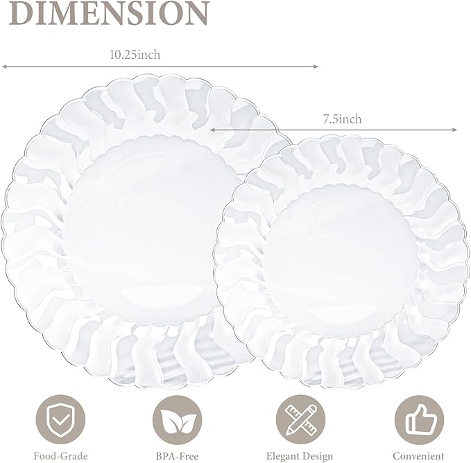 Lullaby 60PCS Clear Scalloped Plastic Plates, Disposable Elegant Party Plates Include 30pcs Dinner Plate 10.25", 30pcs Plastic Dessert Plate 7.5", Perfect for Wedding and Party