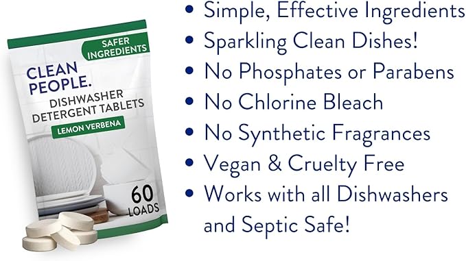 The Clean People Dishwasher Tablets - Cuts Grease & Rinses Sparkling Clean - Residue-Free - Phosphate Free Dishwashing Tablets (60 Count, Lemon Verbena)