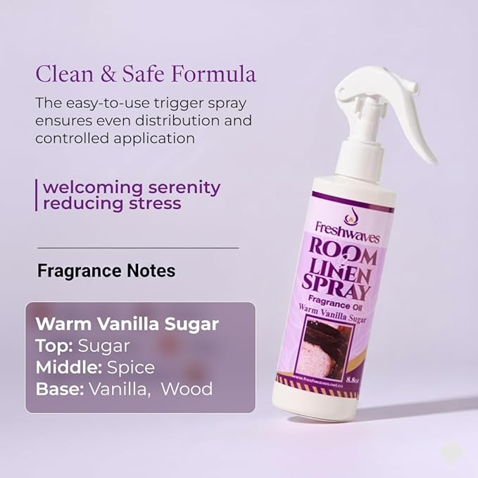 Freshwaves Room & Linen Spray | Warm Vanilla Sugar Fragrance Oil | 8.8oz Air Freshener | Odor Eliminator for Living Room, Bedroom, Bathroom & Office | Trigger Spray Bottle