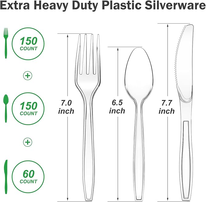 Dealusy 360 Count Extra Heavy Duty Clear Plastic Silverware, 150 Forks, 150 Spoons, 60 Knives, BPA-Free, Heat Resistant, Disposable Plastic Utensils Set, Plastic Cutlery Set, Plasticware Bulk