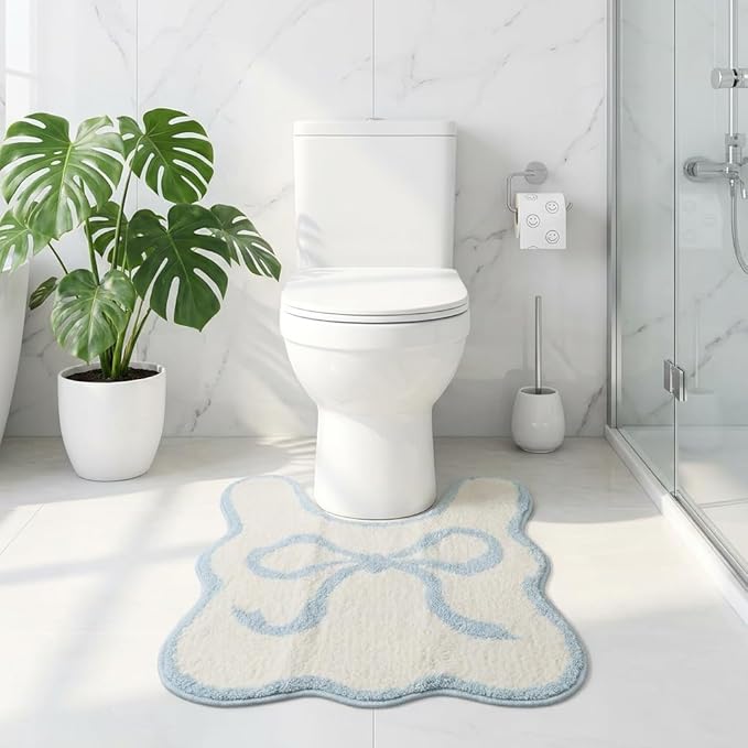 Blue Scalloped U-Shaped Toilet Mat 20x24, Cute Luxury Plush Bath Rug, Soft Absorbent Non-Slip Microfiber Floor Mat for Bathroom Decor and Toilet Base, Machine Washable