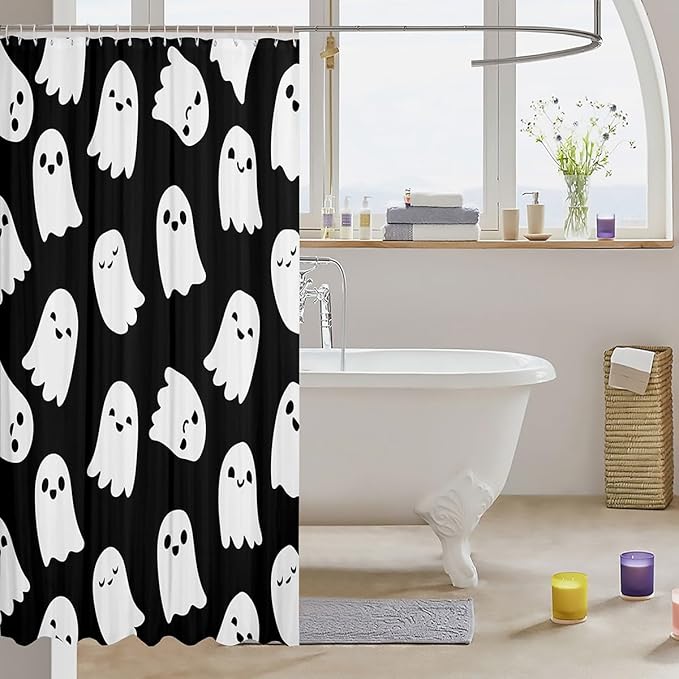 Lovely Black White Waterproof Bath Curtains with 12 Hooks Suits for Bathtub,Halloween Theme Shower Curtains,Cute Cartoon Ghost Bathroom Curtains,78 Inch Long