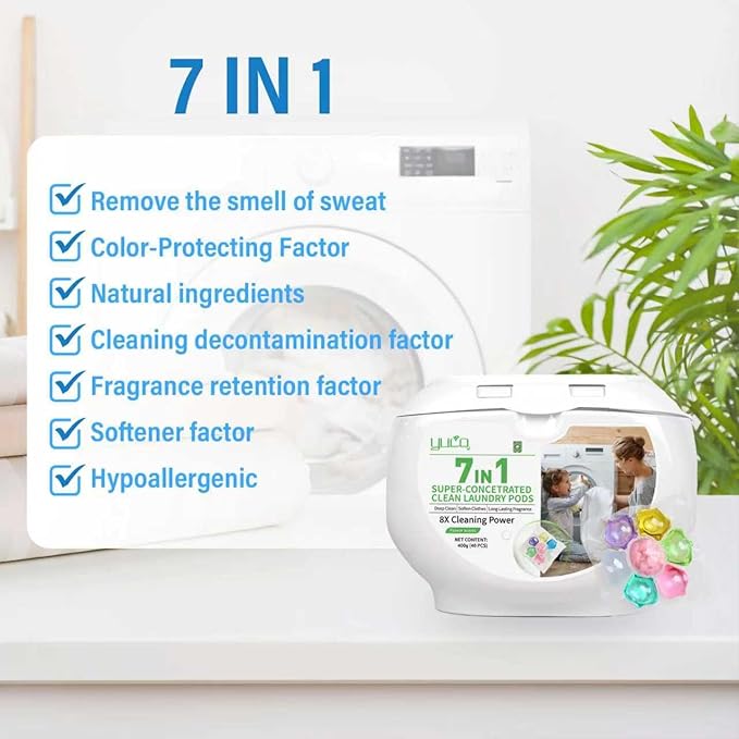YUCO Laundry Pods Detergent 7-in-1 Super Cleaning PowerHypoallergenic & Ultra Concentrated Laundry Liquid Pods HE Compatible Washing Detergent with Long-Lasting Mixed Floral Fragrance 32 Loads