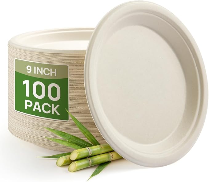 Goodluck 9 Inch Natural Compostable Plates 100 Pack, 100% FSC Certified Unbleached Bagasse Paper Plates, Heavy Duty Eco Friendly Disposable Plates for Party, Wedding, BBQ, Catering & Everyday Use
