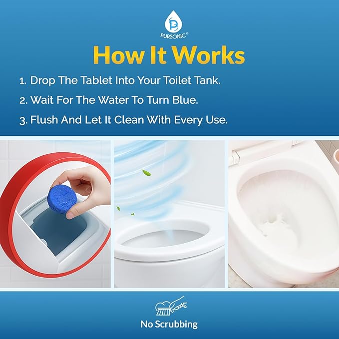 Pursonic Automatic Toilet Bowl Cleaner 48 Tablets 4 Year Supply - Blue Gel Toilet Tank Cleaners, Long-Lasting - Septic-Safe Hard Water Ring Stain Remover, Smell Eliminator Deodorizer, Fresh Scent