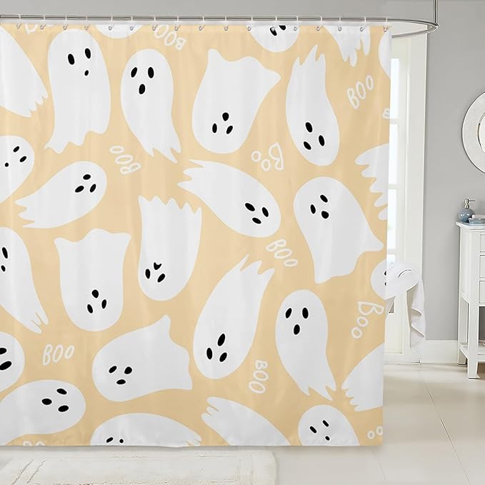 Cute Ghost Fabric Shower Curtain,Happy Halloween Theme Shower Curtain for Bathroom,Yellow Cartoon Style Waterproof Shower Curtain,72 Inch Long