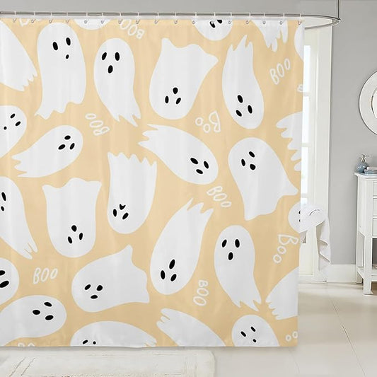 Cute Ghost Fabric Shower Curtain,Happy Halloween Theme Shower Curtain for Bathroom,Yellow Cartoon Style Waterproof Shower Curtain,72 Inch Long