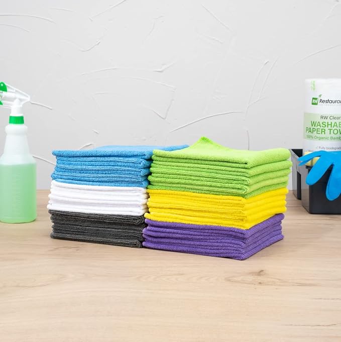 Restaurantware Clean Tek Professional 16 x 16 Inch Cleaning Cloths 60 Lint Free Microfiber Towels - Highly Absorbent Non Abrasive 6 Colors Microfiber Cleaning Rags Reusable For All Purpose Use