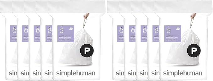 simplehuman Code P Custom Fit Liners, Drawstring Kitchen Trash Bags,by- Mess-Free Dispense, Extra Thick & Double Seamed, 50% PCR Plastic, 50-60 Liter / 13-16 Gallon, White, 100 Count (Pack of 2)