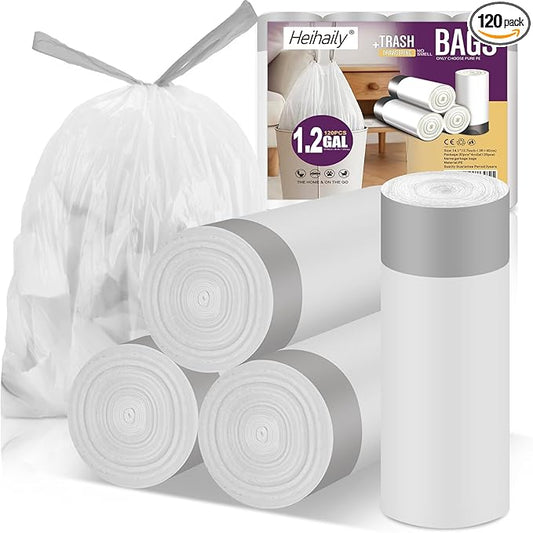 Small Trash Can Bags Bathroom - 1.2 Gallon Drawstring Tiny Garbage Bags Bulk Unscented Strong Mini Size Plastic Wastebasket Bin Liners for Bathroom Toilet Office Bedroom (3 Rolls, 120 Counts)
